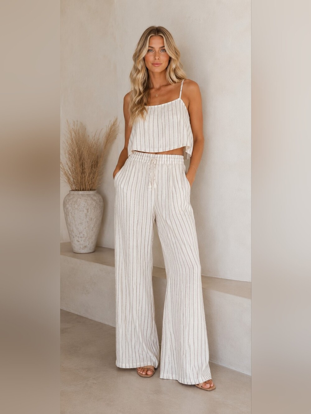 Haute Monde Linen Row Wide Leg Pants Saltwater Striped – Medium